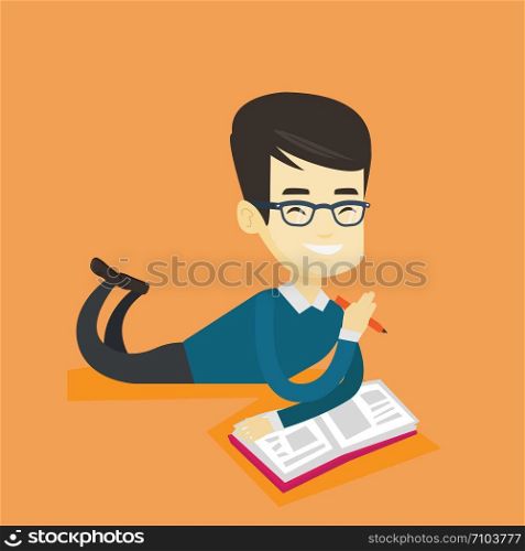 Asian student laying on the floor and reading a book. Student laying with notebook. Student writing while laying on the floor. Concept of education. Vector flat design illustration. Square layout.. Student laying on the floor and reading book.