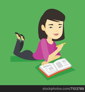 Asian student laying on the floor and reading a book. Student laying with notebook. Student writing while laying on the floor. Concept of education. Vector flat design illustration. Square layout.. Student laying on the floor and reading book.