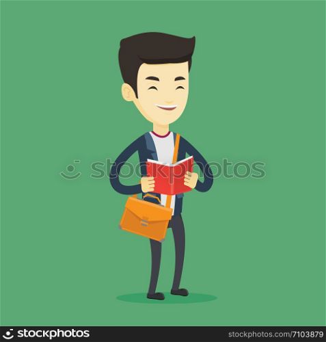 Asian student reading a book. Happy student reading a book and preparing for exam. Excited student standing with book in hands. Concept of education. Vector flat design illustration. Square layout.. Student reading book vector illustration.