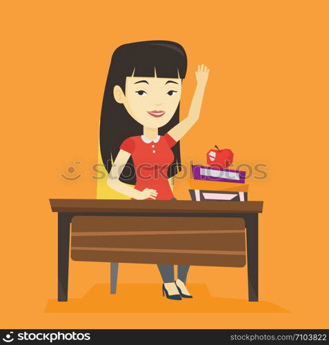 Asian student sitting at the desk with raised hand. Student raising hand in the classroom for an answer. Clever student raising her hand at lesson. Vector flat design illustration. Square layout.. Student raising hand in class for an answer.