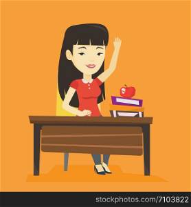 Asian student sitting at the desk with raised hand. Student raising hand in the classroom for an answer. Clever student raising her hand at lesson. Vector flat design illustration. Square layout.. Student raising hand in class for an answer.