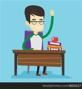 Asian student sitting at the desk with raised hand. Student raising hand in the classroom for an answer. Clever student raising his hand at lesson. Vector flat design illustration. Square layout.. Student raising hand in class for an answer.
