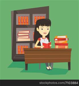 Asian student sitting at the table and holding a book in hands. Smiling student reading a book. Happy student reading a book and preparing for exam. Vector flat design illustration. Square layout.. Student reading book vector illustration.
