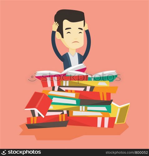Asian student sitting in huge pile of books. Exhausted student preparing for exam with books. Stressed student reading books. Concept of education. Vector flat design illustration. Square layout.. Student sitting in huge pile of books.