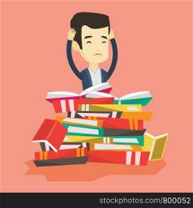 Asian student sitting in huge pile of books. Exhausted student preparing for exam with books. Stressed student reading books. Concept of education. Vector flat design illustration. Square layout.. Student sitting in huge pile of books.