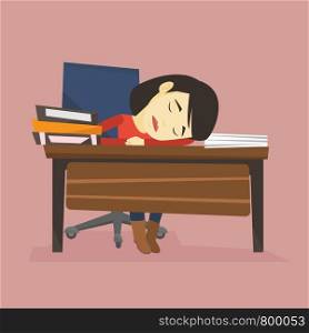 Asian student sleeping after learning. Fatigued student sleeping at the desk with books. Woman sleeping among the books at the table. Education concept. Vector flat design illustration. Square layout.. Student sleeping at the desk with book.