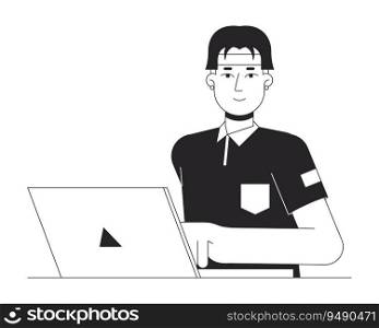 Asian student typing on laptop flat line black white vector character. E learning. Editable outline half body person. Hipster guy on notebook simple cartoon isolated spot illustration for web design. Asian student typing on laptop flat line black white vector character