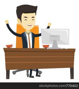 Asian successful business man celebrating at workplace in office. Successful business man celebrating success. Successful business concept. Vector flat design illustration isolated on white background. Successful business man vector illustration.