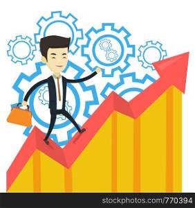 Asian successful business man standing on profit chart. Young happy business man running along the profit chart. Business profit concept. Vector flat design illustration isolated on white background.. Happy business man standing on profit chart.