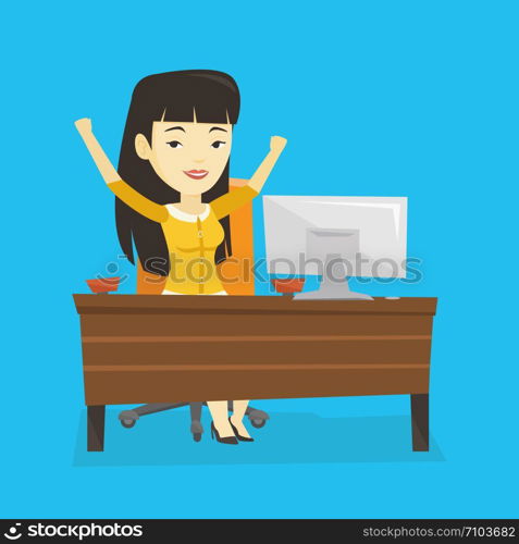 Asian successful business woman celebrating at workplace in office. Successful business woman celebrating business success. Successful business concept. Vector flat design illustration. Square layout.. Successful business woman vector illustration.