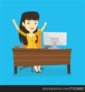Asian successful business woman celebrating at workplace in office. Successful business woman celebrating business success. Successful business concept. Vector flat design illustration. Square layout.. Successful business woman vector illustration.