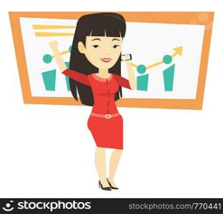 Asian successful business woman talking on a mobile phone. Business woman getting good news on mobile phone. Business success concept. Vector flat design illustration isolated on white background.. Businesswoman celebrating business success.