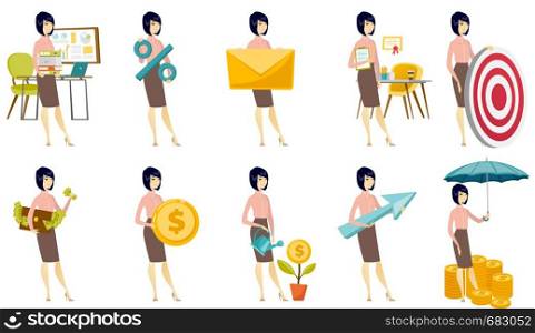 Asian successful business woman with coin in hands. Successful business woman holding golden coin. Concept of success in business. Set of vector flat design illustrations isolated on white background. Vector set of illustrations with business people.