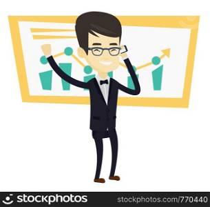 Asian successful businessman talking on a mobile phone. Successful businessman getting good news on mobile phone. Business success concept. Vector flat design illustration isolated on white background. Businessman celebrating business success.