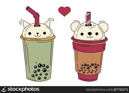 Asian tea, soft drinks in plastic cups, trendy dessert, colorful vector collection. Asian tea, soft drinks in plastic cups, trendy dessert, colorful vector collection.