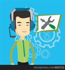 Asian technical support operator and speech square with screwdriver and wrench. Young cheerful operator of technical support wearing headphone set. Vector flat design illustration. Square layout.. Technical support operator vector illustration.