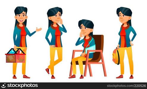 Asian Teen Girl Poses Set Vector. Caucasian, Positive. For Presentation, Print, Invitation Design. Isolated Cartoon Illustration. Asian Teen Girl Poses Set Vector. Adult People. Casual. For Advertisement, Greeting, Announcement Design. Isolated Cartoon Illustration
