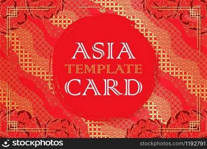 Asian template card with japanese pattern and peony. Oriental restaurant menu header image. Vector stock illustration.. Asian template card with japanese pattern and peony.
