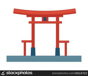 Asian temple in china or japan, isolated construction of wood. Building for buddhists or tourist, destination or landmark in oriental country. Sculpture for religious event, vector in flat style. Oriental construction of wood, gates or historical temple