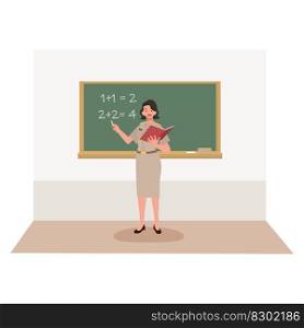 Asian Thai woman teacher in brown government officer uniform is teaching in classroom with blackboard. Flat vector cartoon illustration