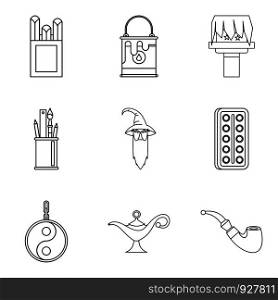 Asian theater icons set. Outline set of 9 asian theater vector icons for web isolated on white background. Asian theater icons set, outline style