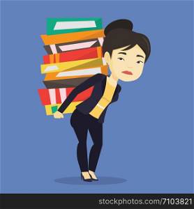 Asian tired student carrying a heavy pile of books on her back. Sad student walking with huge stack of books. Student preparing for exam with books. Vector flat design illustration. Square layout.. Student with pile of books vector illustration.