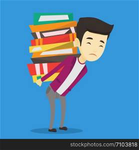 Asian tired student carrying a heavy pile of books on his back. Sad student walking with huge stack of books. Student preparing for exam with books. Vector flat design illustration. Square layout.. Student with pile of books vector illustration.