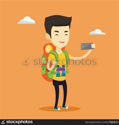 Asian tourist making selfie. Young smiling tourist with backpack taking selfie with cellphone. Happy male tourist taking selfie during summer trip. Vector flat design illustration. Square layout.. Man with backpack making selfie.