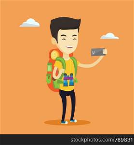 Asian tourist making selfie. Young smiling tourist with backpack taking selfie with cellphone. Happy male tourist taking selfie during summer trip. Vector flat design illustration. Square layout.. Man with backpack making selfie.
