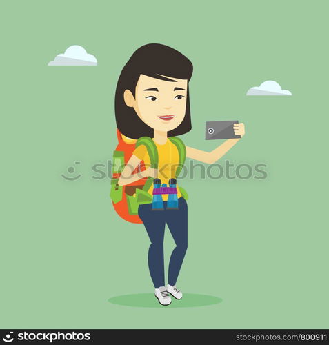 Asian tourist making selfie. Young smiling tourist with backpack taking selfie with cellphone. Female tourist taking selfie during summer trip. Vector flat design illustration. Square layout.. Woman with backpack making selfie.