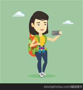Asian tourist making selfie. Young smiling tourist with backpack taking selfie with cellphone. Female tourist taking selfie during summer trip. Vector flat design illustration. Square layout.. Woman with backpack making selfie.
