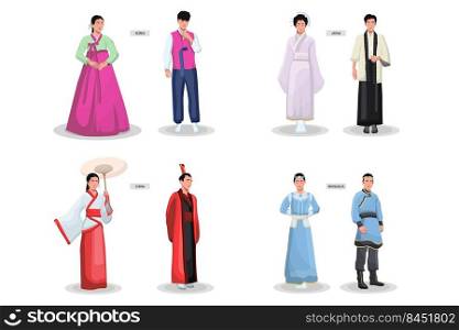 Asian traditional costumes set. Ancient female kimonos, male clothes, Japanese, Chinese, Vietnamese, Korean national outfit. Vector illustration for Asia, fashion, culture concept