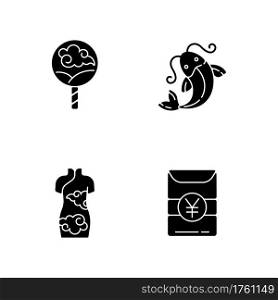 Asian traditions black glyph icons set on white space. Chinese ancient fan. Koi carp fish. Cheongsam, female kimono. Hong Bao. Culture of China. Silhouette symbols. Vector isolated illustration. Asian traditions black glyph icons set on white space