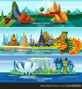 Asian travel banners set with Vietnam, Thailand and Singapore panorama isolated vector illustration. Asian travel banners