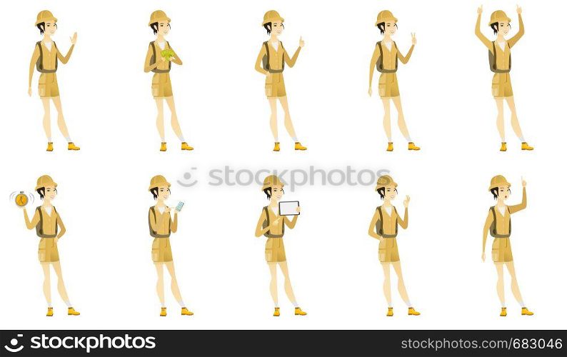 Asian traveler holding mobile phone and pointing at it. Full length of traveler with mobile phone. Traveler using mobile phone. Set of vector flat design illustrations isolated on white background.. Vector set with traveler characters.