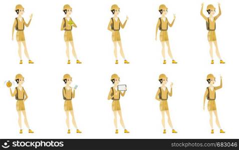 Asian traveler holding mobile phone and pointing at it. Full length of traveler with mobile phone. Traveler using mobile phone. Set of vector flat design illustrations isolated on white background.. Vector set with traveler characters.