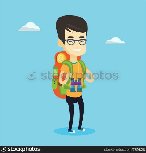 Asian traveler man standing with backpack and binoculars. Smiling traveler man enjoying his recreation time in nature. Traveler man during summer trip. Vector flat design illustration. Square layout.. Cheerful traveler with backpack.