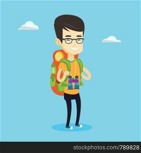 Asian traveler man standing with backpack and binoculars. Smiling traveler man enjoying his recreation time in nature. Traveler man during summer trip. Vector flat design illustration. Square layout.. Cheerful traveler with backpack.