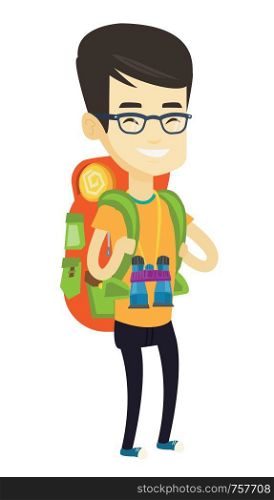 Asian traveler man standing with backpack and binoculars. Happy traveler man enjoying his recreation time. Traveler man during summer trip. Vector flat design illustration isolated on white background. Cheerful traveler with backpack.