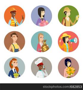 Asian traveler woman drinking cocktail. Young traveler woman holding glass of cocktail. Set of different professions. Set of vector flat design illustrations in the circle isolated on white background. Vector set of characters of different professions.