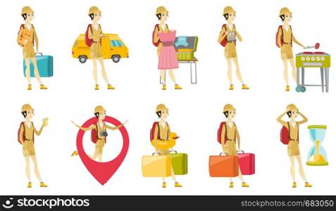 Asian traveler woman putting dress into a suitcase. Traveler packing clothes in an opened suitcase. Woman preparing for vacation. Set of vector flat design illustrations isolated on white background.. Vector set with traveler characters.