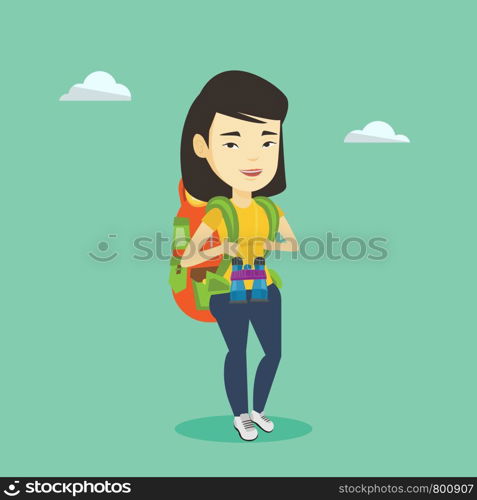 Asian traveler woman standing with backpack and binoculars. Smiling traveler woman enjoying recreation time in nature. Traveler woman during summer trip. Vector flat design illustration. Square layout. Cheerful traveler with backpack.