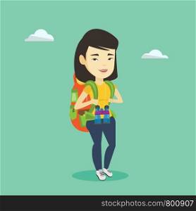 Asian traveler woman standing with backpack and binoculars. Smiling traveler woman enjoying recreation time in nature. Traveler woman during summer trip. Vector flat design illustration. Square layout. Cheerful traveler with backpack.