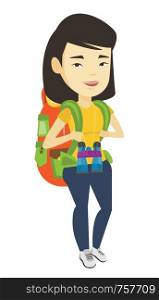 Asian traveler woman standing with backpack and binoculars. Smiling traveler woman enjoying recreation time. Traveler woman during trip. Vector flat design illustration isolated on white background.. Cheerful traveler with backpack.