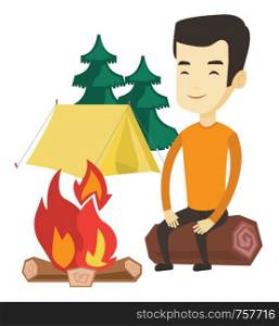 Asian travelling man sitting near campfire at campsite. Young travelling man sitting on log near campfire. Tourist relaxing near campfire. Vector flat design illustration isolated on white background.. Man sitting on log near campfire in the camping.