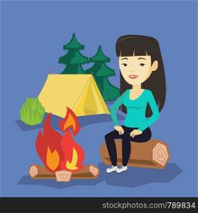 Asian travelling woman sitting near a campfire at a campsite. Young travelling woman sitting on a log near a campfire. Tourist relaxing near campfire. Vector flat design illustration. Square layout.. Woman sitting on log near campfire in the camping.
