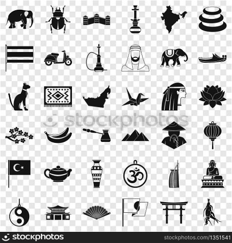 Asian trip icons set. Simple style of 36 asian trip vector icons for web for any design. Asian trip icons set, simple style