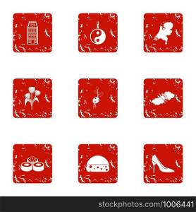 Asian urban icons set. Grunge set of 9 asian urban vector icons for web isolated on white background. Asian urban icons set, grunge style