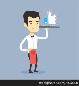 Asian waiter carrying tray with social network like button. Waiter holding restaurant tray with like button. Waiter with social network like button. Vector flat design illustration. Square layout.. Waiter with like button vector illustration.