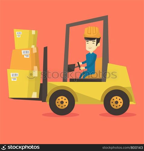 Asian warehouse worker loading cardboard boxes. Forklift driver at work in storehouse. Warehouse worker in hard hat driving forklift at warehouse. Vector flat design illustration. Square layout.. Warehouse worker moving load by forklift truck.